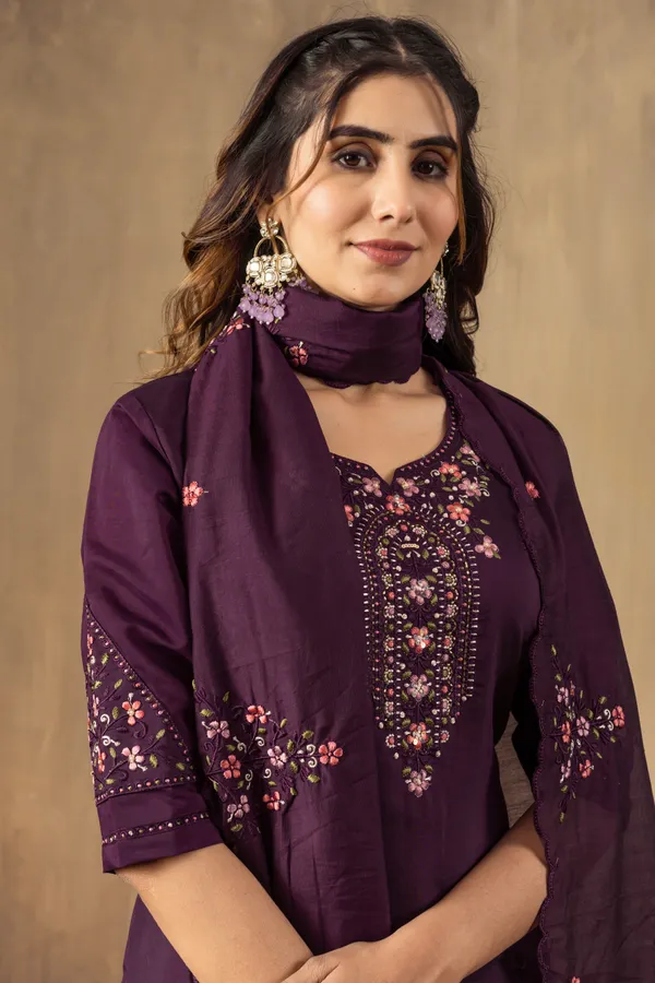 Wine_Roman_Silk_Straight_Kurti_With_Pant_And_Dupatta_For_Women