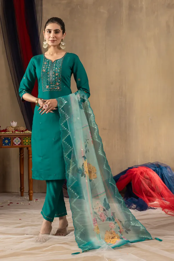 Rama_Green_Roman_Silk_Straight_Kurti_With_Pant_And_Dupatta_For_Women