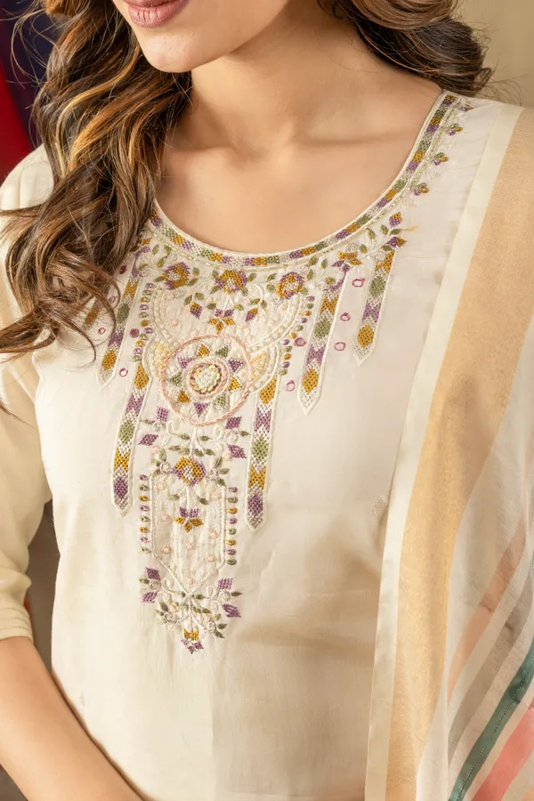 Off_White_Shimmer_Gold_Silk_Embroidery_Kurti_With_Pant_And_Dupatta_For_Women