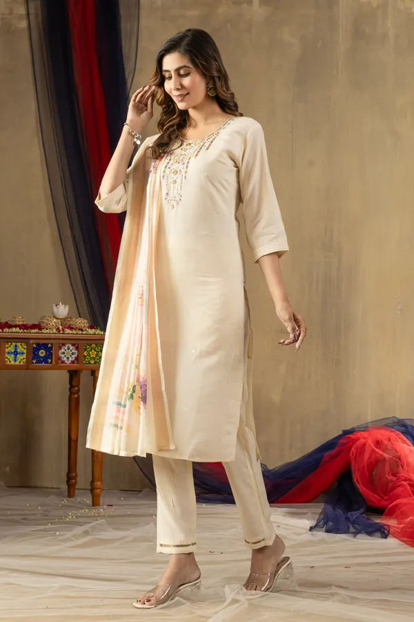 Off_White_Shimmer_Gold_Silk_Embroidery_Kurti_With_Pant_And_Dupatta_For_Women