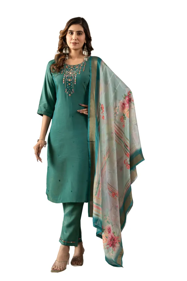 Rama_Green_Shimmer_Gold_Silk_Straight_Kurti_With_Pant_And_Dupatta_For_Women