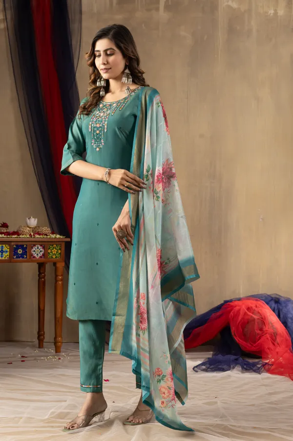 Rama_Green_Shimmer_Gold_Silk_Straight_Kurti_With_Pant_And_Dupatta_For_Women