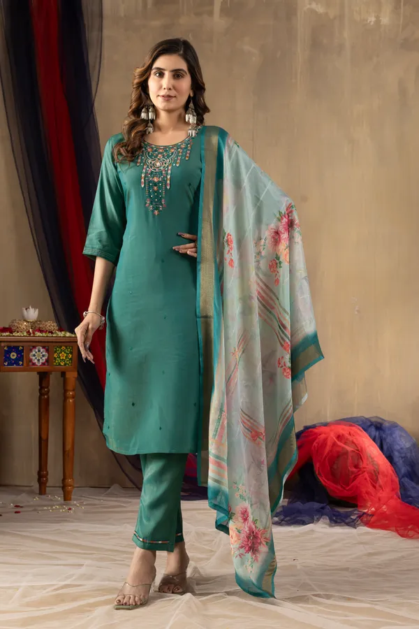 Rama_Green_Shimmer_Gold_Silk_Straight_Kurti_With_Pant_And_Dupatta_For_Women