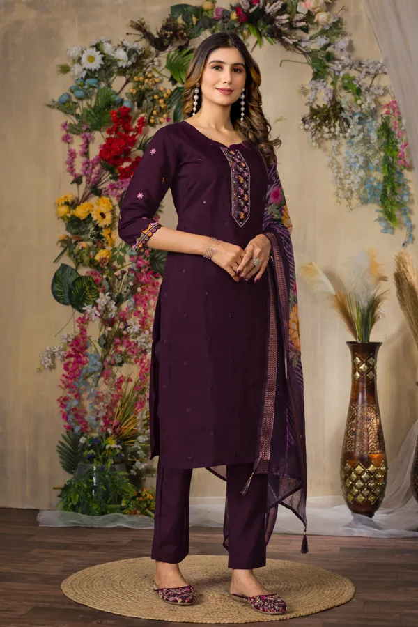 Wine_Roman_Silk_Embroidery_Kurti_With_Pant_And_Dupatta_For_Women