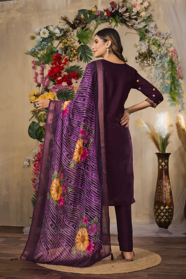 Wine_Roman_Silk_Embroidery_Kurti_With_Pant_And_Dupatta_For_Women