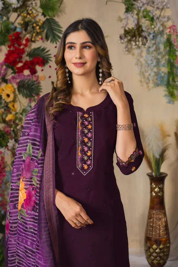 Wine_Roman_Silk_Embroidery_Kurti_With_Pant_And_Dupatta_For_Women