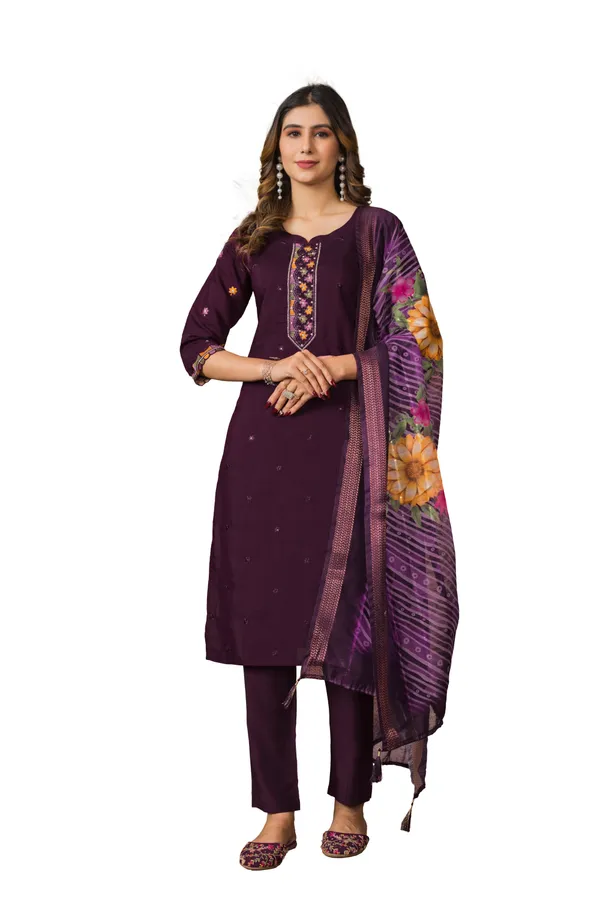 Wine_Roman_Silk_Embroidery_Kurti_With_Pant_And_Dupatta_For_Women
