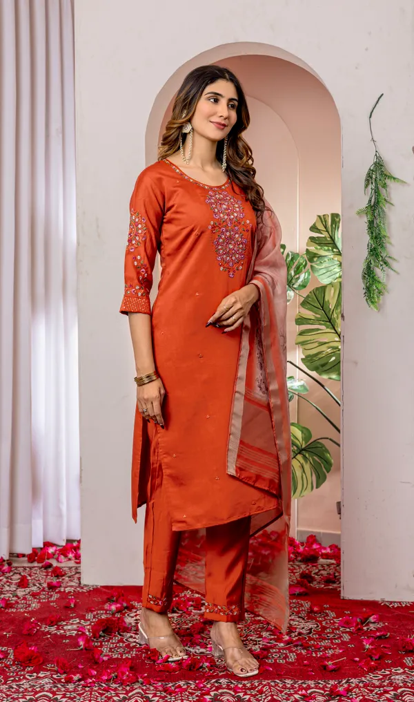 Orange_Viscose_Silk_Straight_Kurti_With_Pant_And_Dupatta_For_Women
