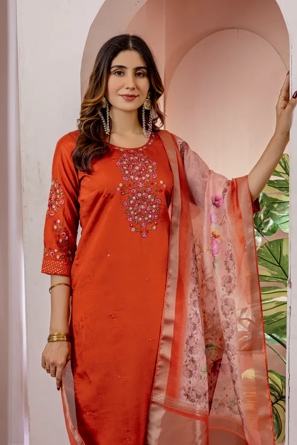 Orange_Viscose_Silk_Straight_Kurti_With_Pant_And_Dupatta_For_Women