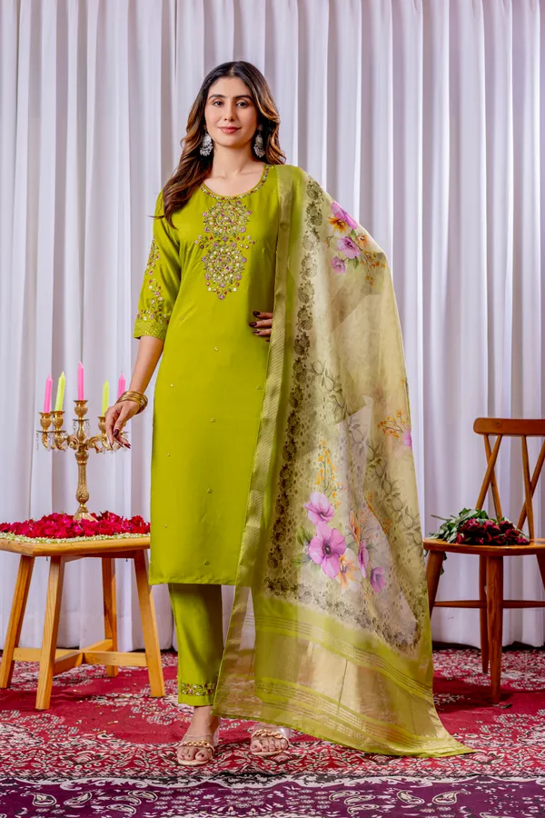 Parrot_Green_Viscose_Silk_Embroidered_Kurti_With_Pant_And_Dupatta_For_Women