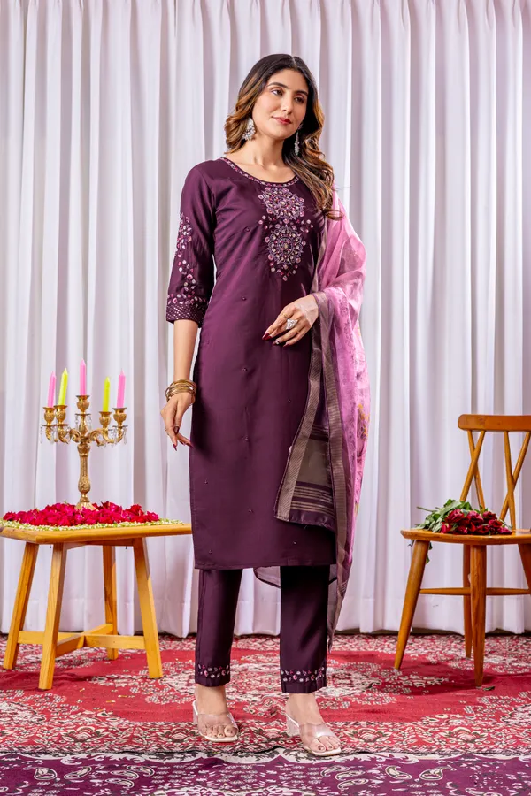 Wine_Viscose_Silk_Straight_Kurti_With_Pant_And_Dupatta_For_Women