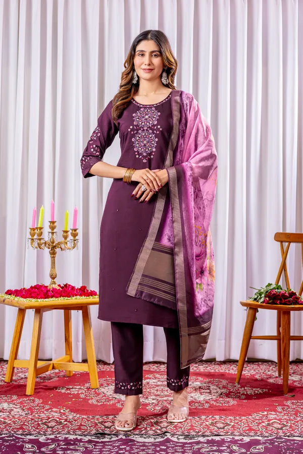 Wine_Viscose_Silk_Straight_Kurti_With_Pant_And_Dupatta_For_Women