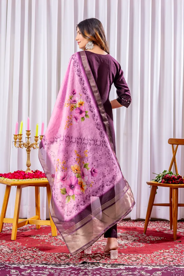 Wine_Viscose_Silk_Straight_Kurti_With_Pant_And_Dupatta_For_Women