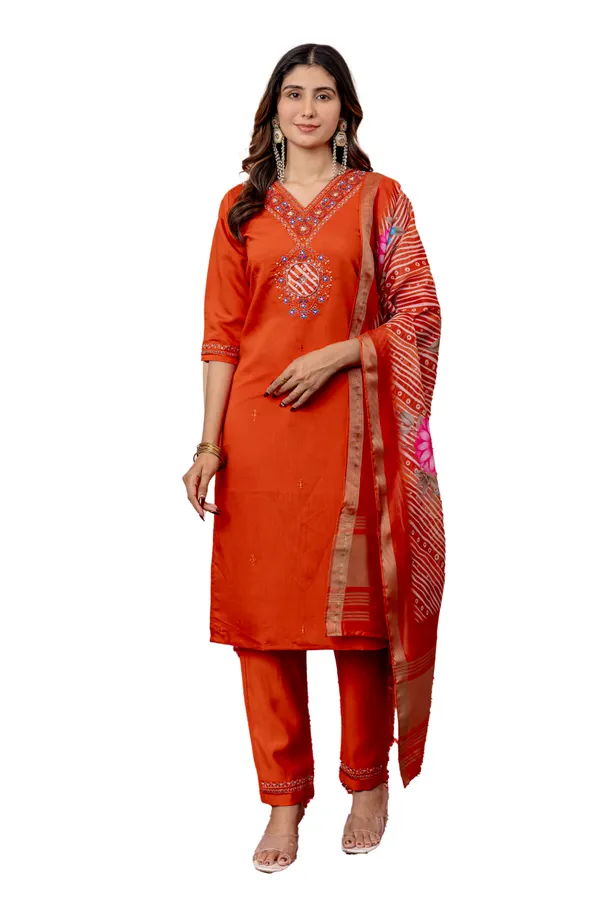 Orange_Marina_Viscose_Silk_Embroidered_Kurti_With_Pant_And_Dupatta_For_Women
