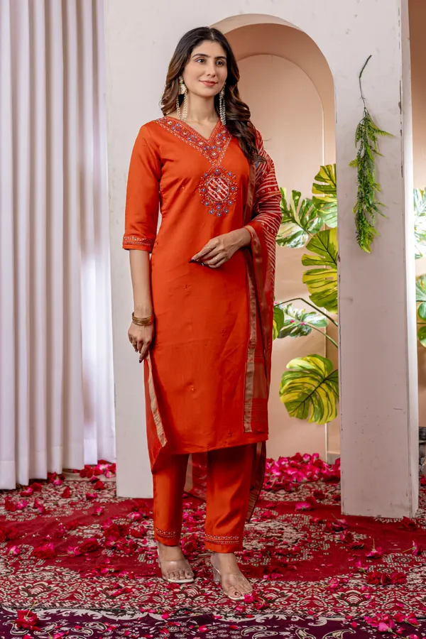 Orange_Marina_Viscose_Silk_Embroidered_Kurti_With_Pant_And_Dupatta_For_Women