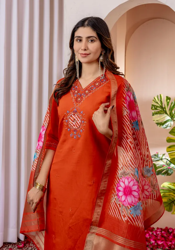 Orange_Marina_Viscose_Silk_Embroidered_Kurti_With_Pant_And_Dupatta_For_Women