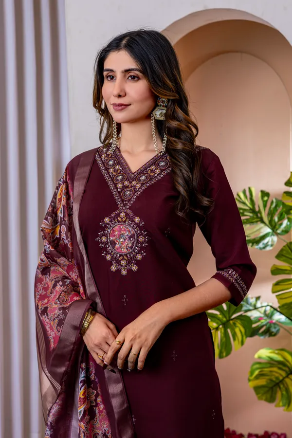 Wine_Marina_Viscose_Silk_Embroidered_Kurti_With_Pant_And_Dupatta_For_Women