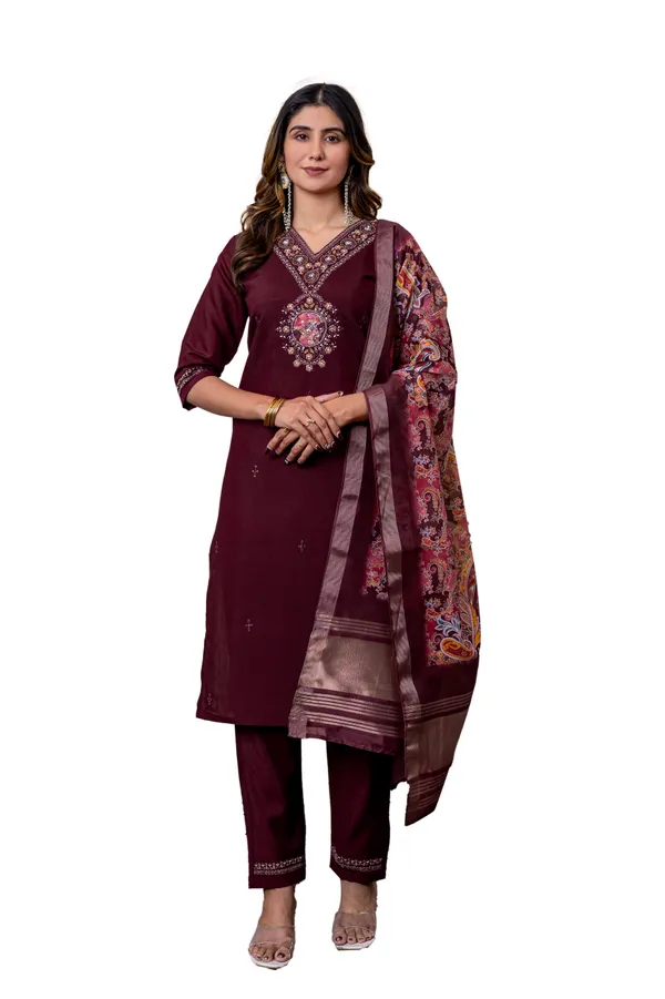 Wine_Marina_Viscose_Silk_Embroidered_Kurti_With_Pant_And_Dupatta_For_Women