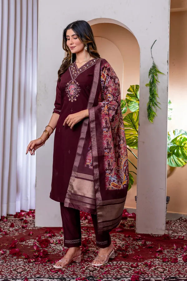 Wine_Marina_Viscose_Silk_Embroidered_Kurti_With_Pant_And_Dupatta_For_Women