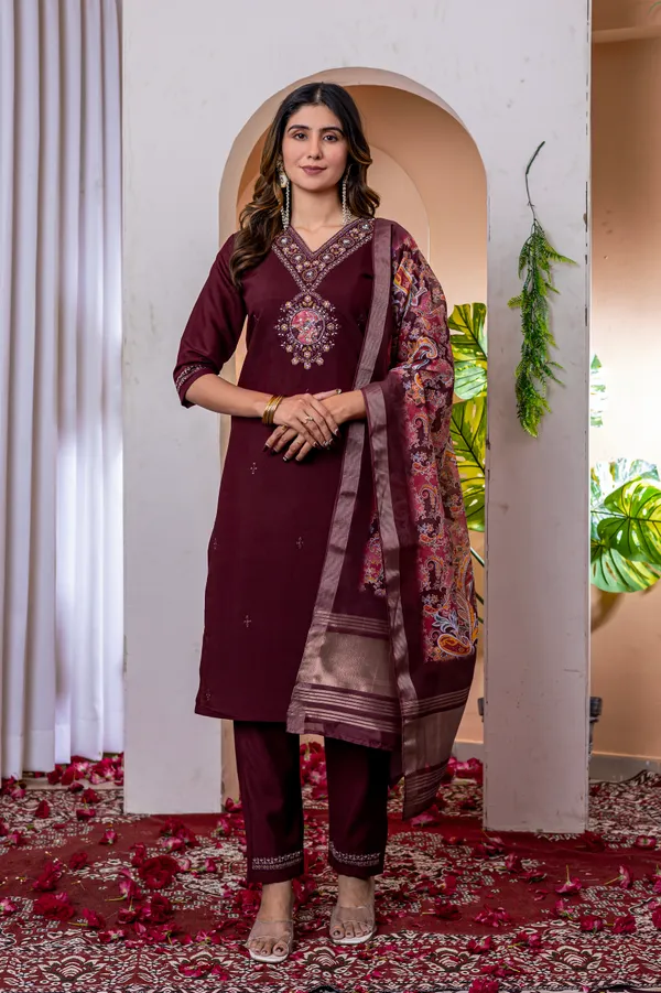 Wine_Marina_Viscose_Silk_Embroidered_Kurti_With_Pant_And_Dupatta_For_Women