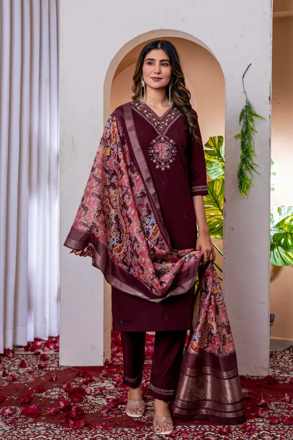 Wine_Marina_Viscose_Silk_Embroidered_Kurti_With_Pant_And_Dupatta_For_Women