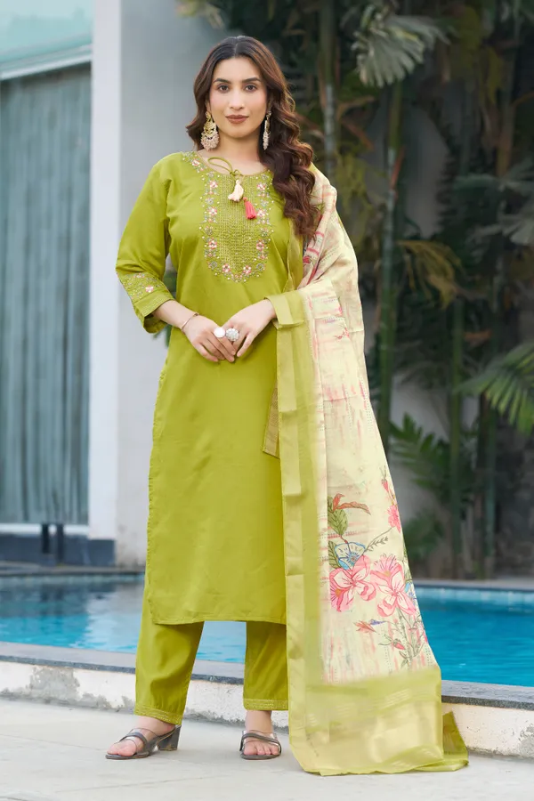 Parrot_Green_Viscose_Silk_Straight_Kurti_With_Pant_And_Dupatta_For_Women