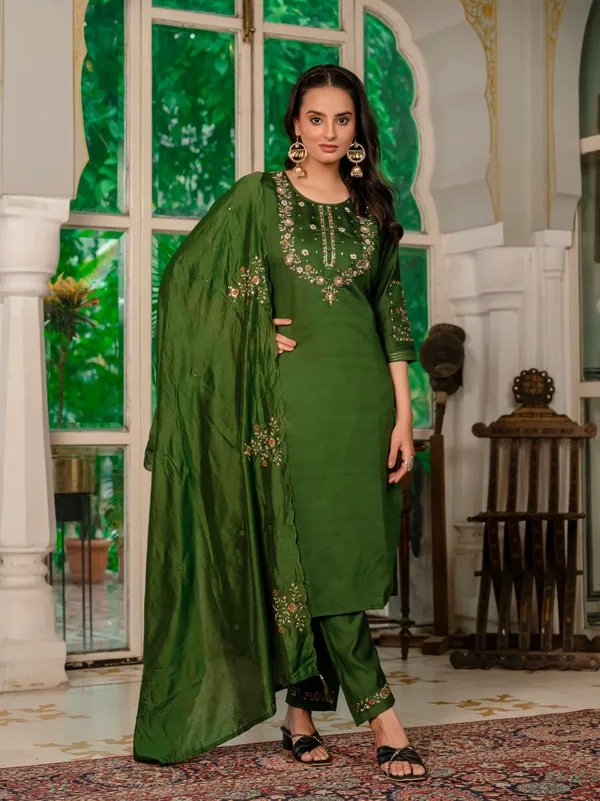Mehndi_Green_Marina_Silk_Embroidered_Kurti_With_Pant_And_Dupatta_For_Women