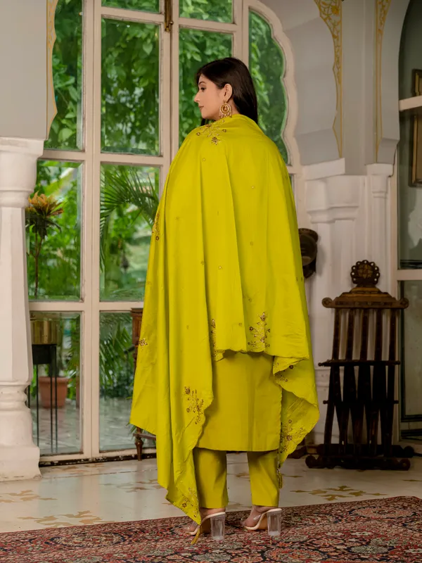Mustard_Yellow_Marina_Silk_Embroidery_Kurti_With_Pant_And_Dupatta_For_Women