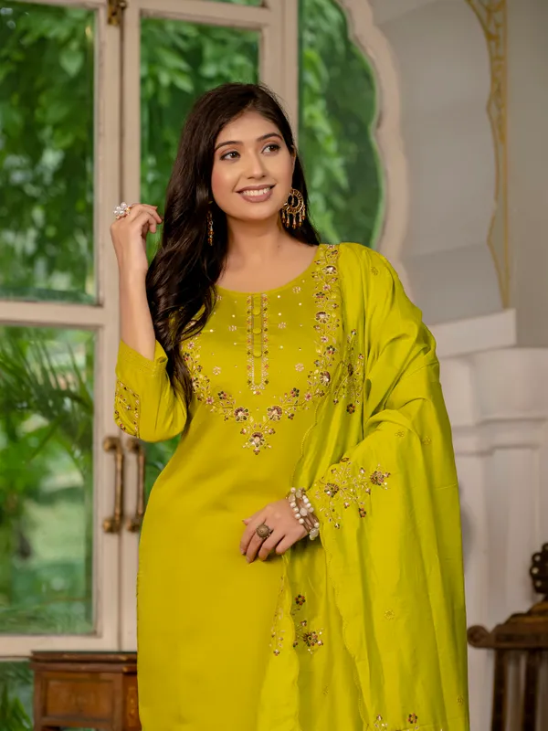 Mustard_Yellow_Marina_Silk_Embroidery_Kurti_With_Pant_And_Dupatta_For_Women