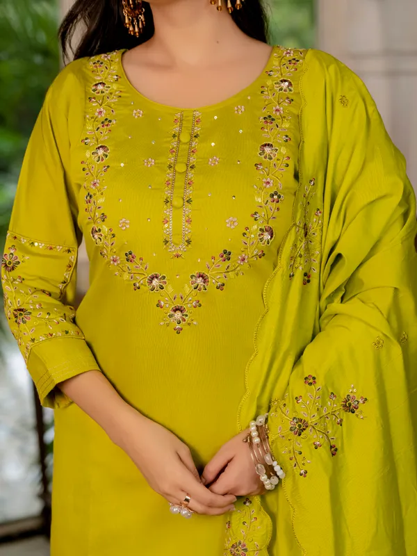 Mustard_Yellow_Marina_Silk_Embroidery_Kurti_With_Pant_And_Dupatta_For_Women