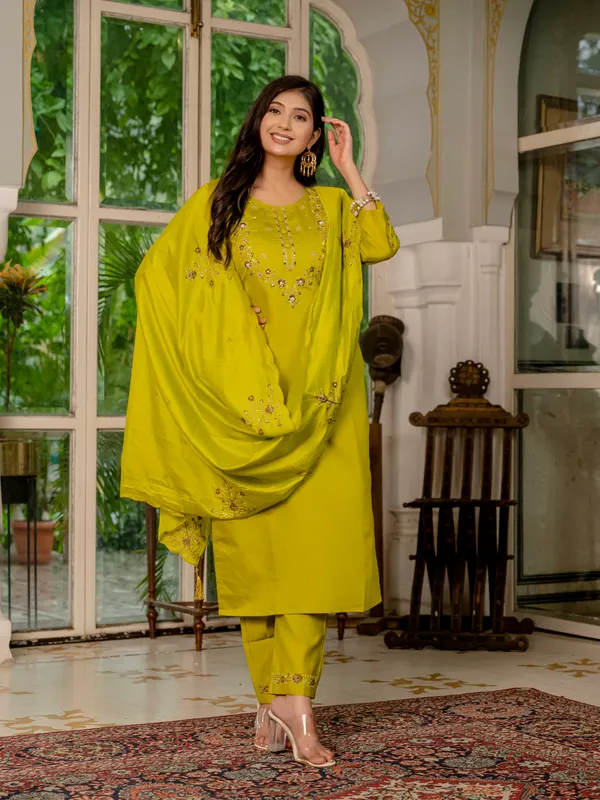 Mustard_Yellow_Marina_Silk_Embroidery_Kurti_With_Pant_And_Dupatta_For_Women