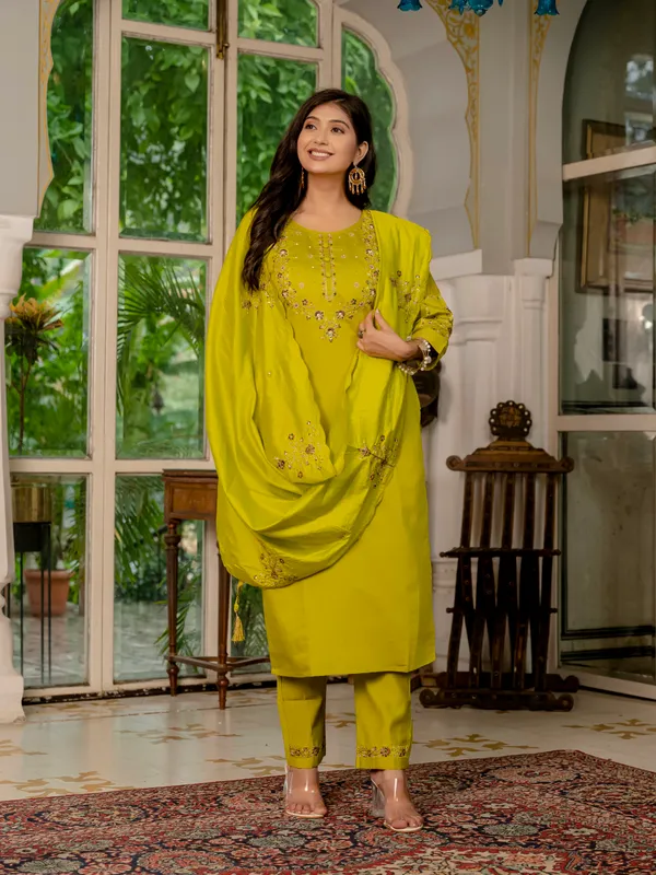 Mustard_Yellow_Marina_Silk_Embroidery_Kurti_With_Pant_And_Dupatta_For_Women