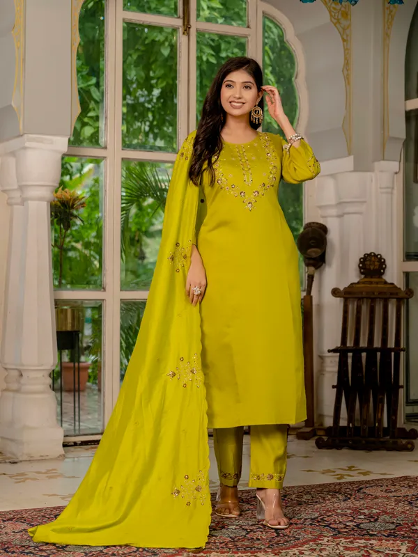 Mustard_Yellow_Marina_Silk_Embroidery_Kurti_With_Pant_And_Dupatta_For_Women