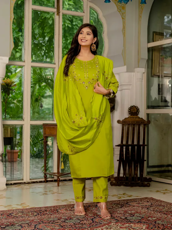 Parrot_Green_Marina_Silk_Embroidered_Kurti_With_Pant_And_Dupatta_For_Women
