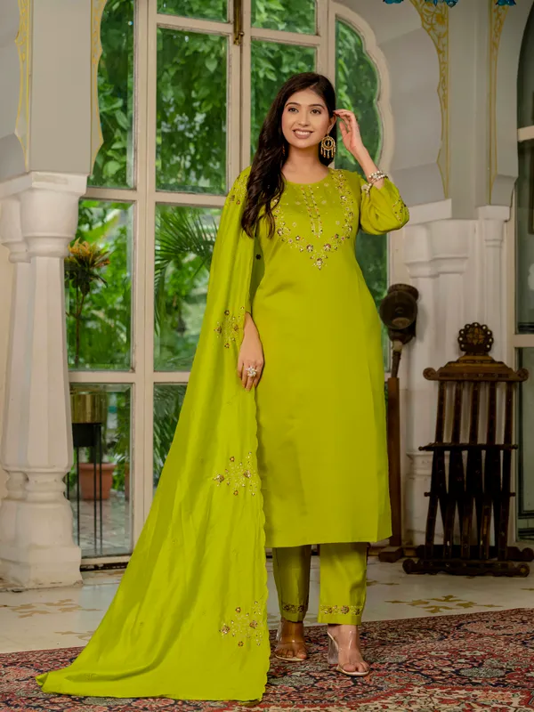 Parrot_Green_Marina_Silk_Embroidered_Kurti_With_Pant_And_Dupatta_For_Women