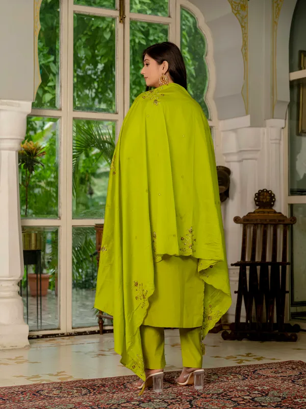 Parrot_Green_Marina_Silk_Embroidered_Kurti_With_Pant_And_Dupatta_For_Women