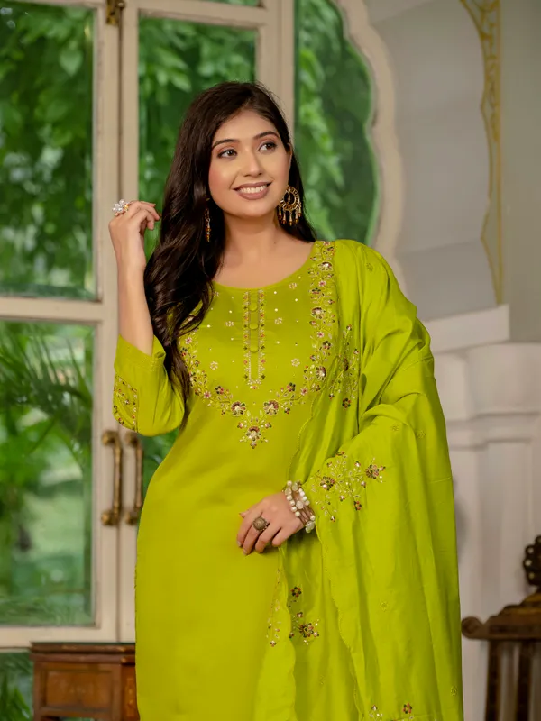 Parrot_Green_Marina_Silk_Embroidered_Kurti_With_Pant_And_Dupatta_For_Women