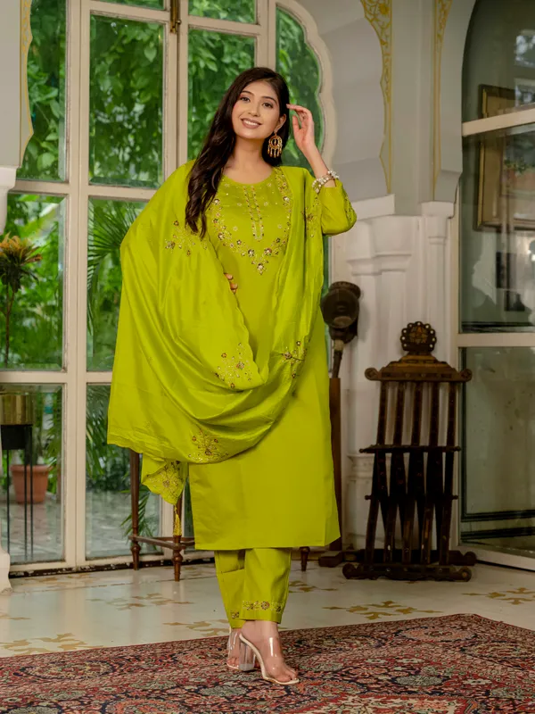 Parrot_Green_Marina_Silk_Embroidered_Kurti_With_Pant_And_Dupatta_For_Women