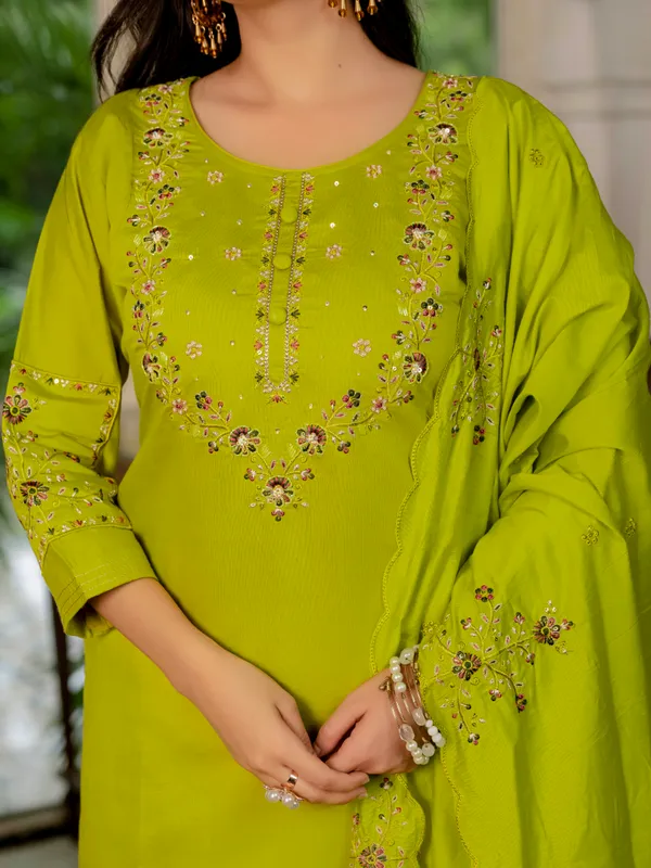 Parrot_Green_Marina_Silk_Embroidered_Kurti_With_Pant_And_Dupatta_For_Women