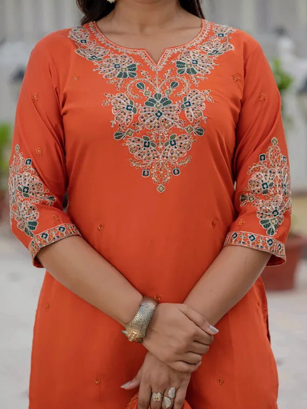 Orange_Roman_Silk_Sequins_Embroidered_Kurti_With_Pant_And_Dupatta_For_Women
