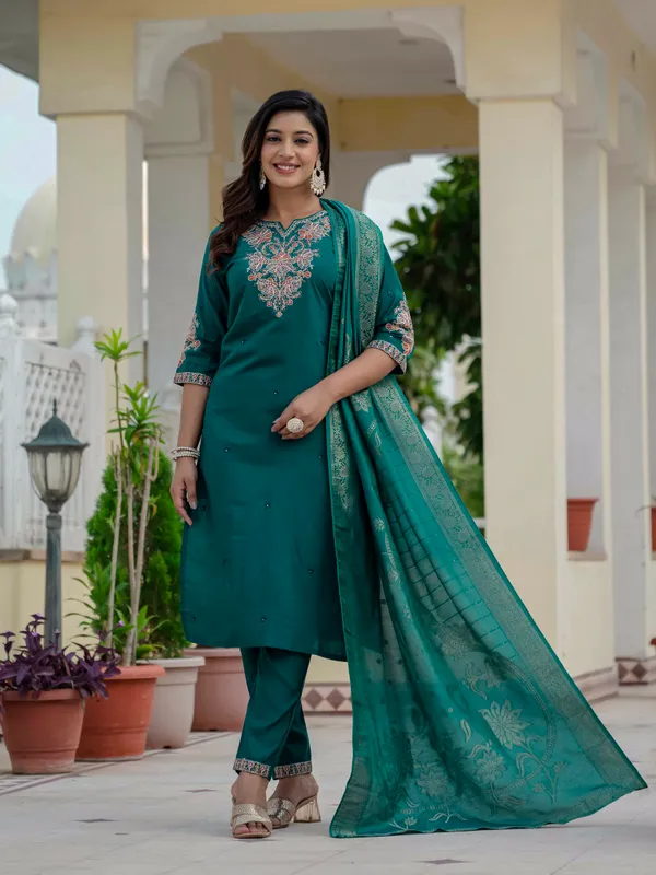 Rama_Green_Roman_Silk_Embroidered_Kurti_With_Pant_And_Dupatta_For_Women