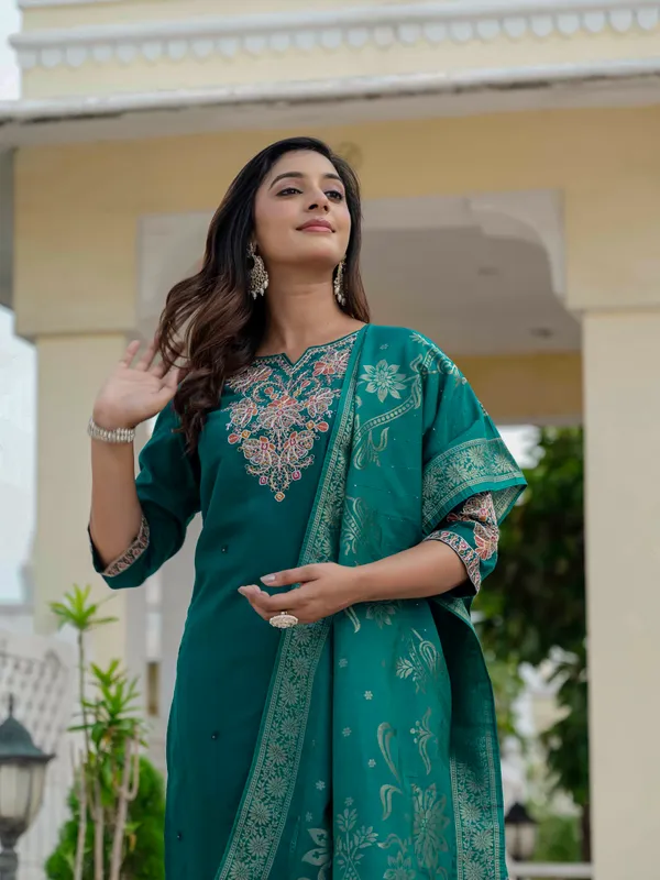 Rama_Green_Roman_Silk_Embroidered_Kurti_With_Pant_And_Dupatta_For_Women