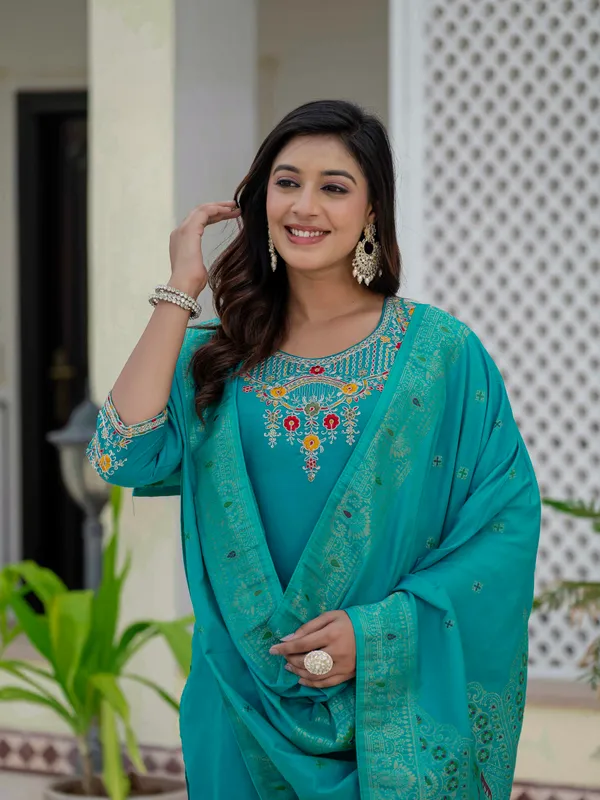 Firozi_Roman_Silk_Sequins_Embroidered_Kurti_With_Pant_And_Dupatta_For_Women