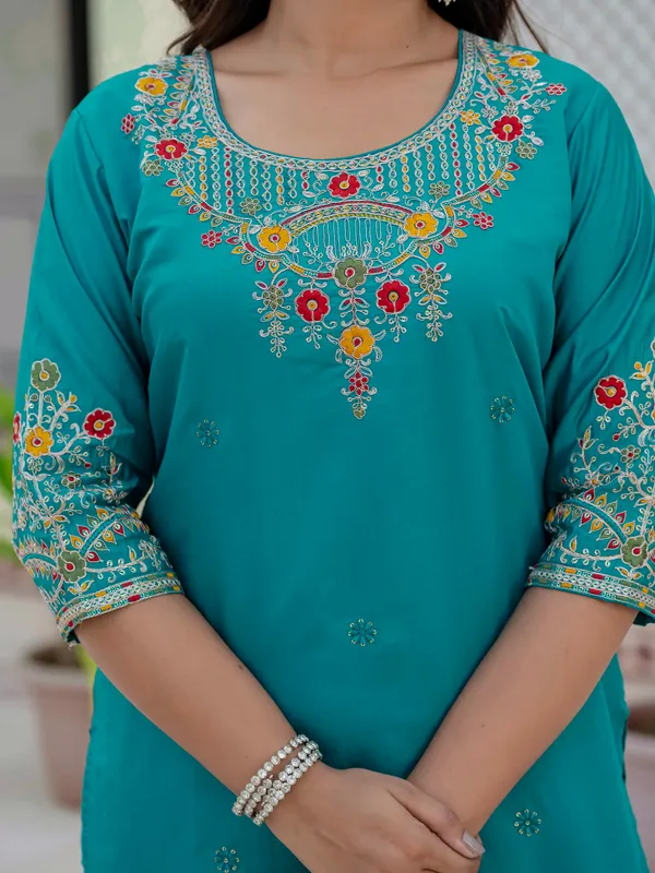 Firozi_Roman_Silk_Sequins_Embroidered_Kurti_With_Pant_And_Dupatta_For_Women