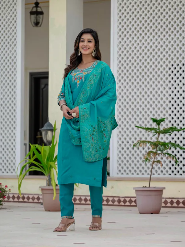 Firozi_Roman_Silk_Sequins_Embroidered_Kurti_With_Pant_And_Dupatta_For_Women