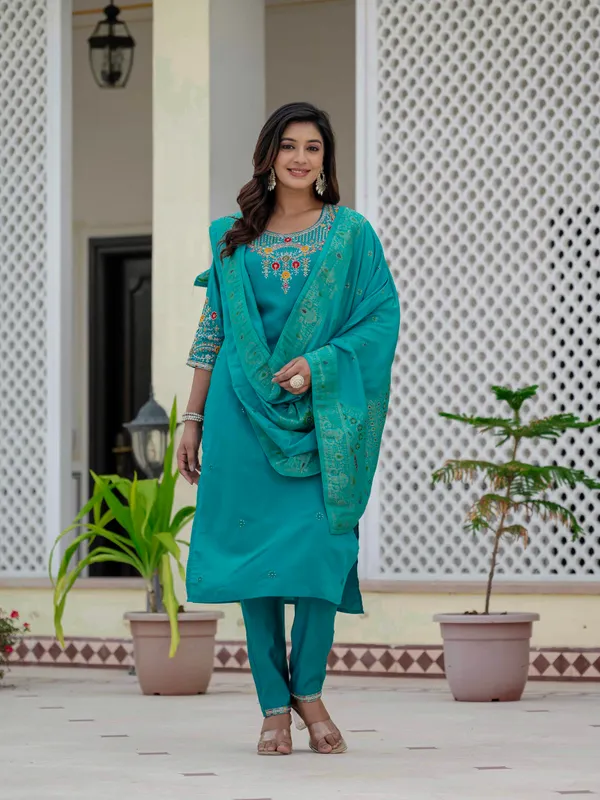 Firozi_Roman_Silk_Sequins_Embroidered_Kurti_With_Pant_And_Dupatta_For_Women