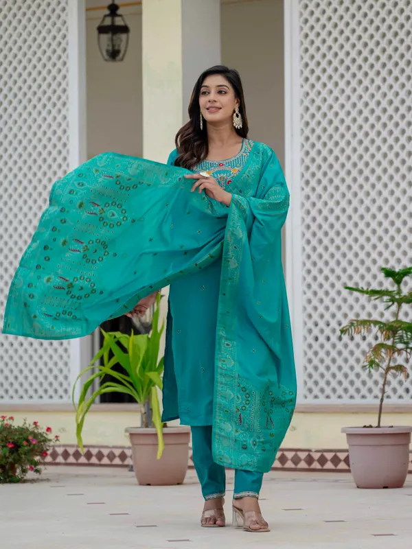 Firozi_Roman_Silk_Sequins_Embroidered_Kurti_With_Pant_And_Dupatta_For_Women