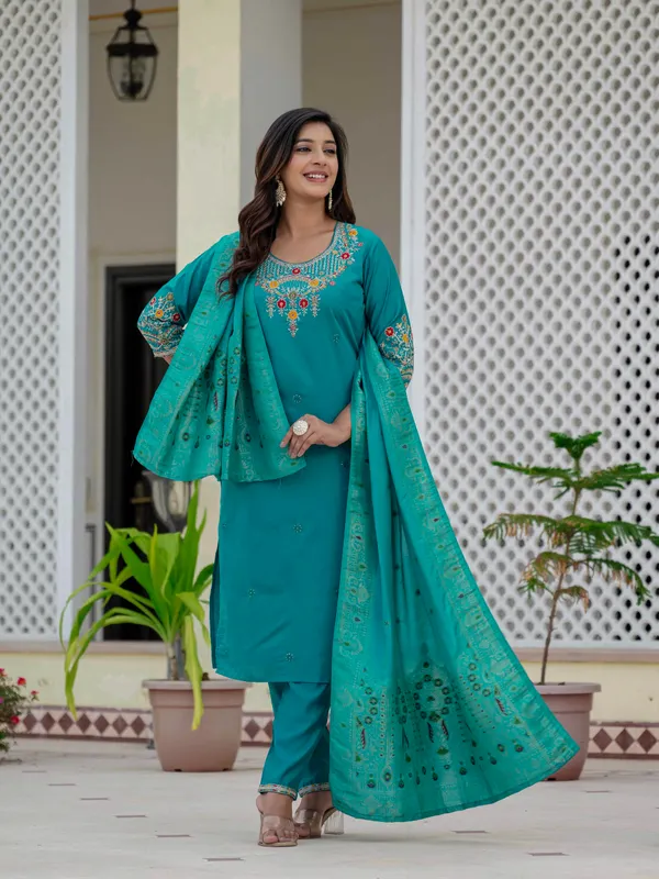 Firozi_Roman_Silk_Sequins_Embroidered_Kurti_With_Pant_And_Dupatta_For_Women