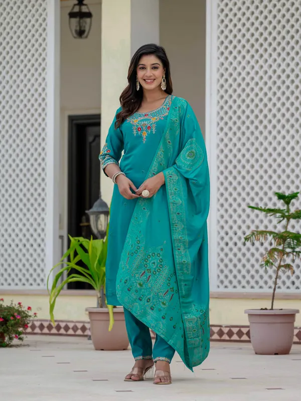 Firozi_Roman_Silk_Sequins_Embroidered_Kurti_With_Pant_And_Dupatta_For_Women