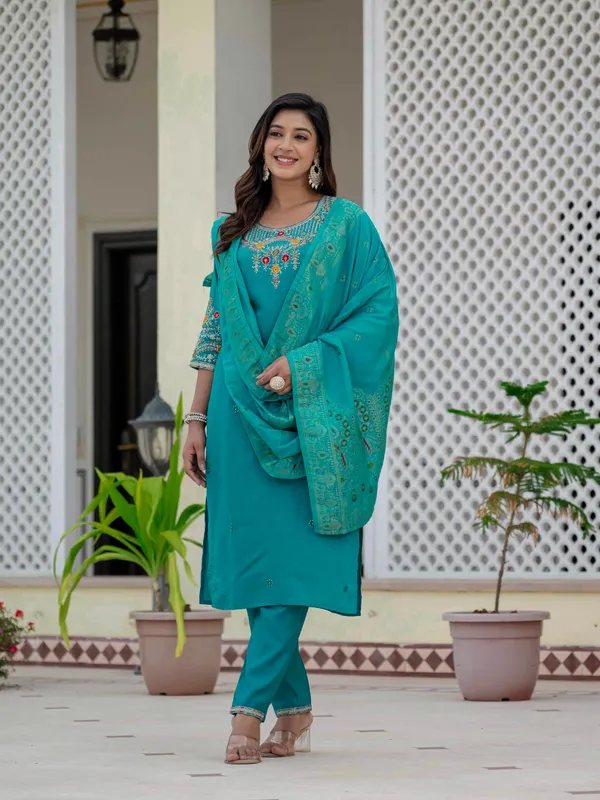 Firozi_Roman_Silk_Sequins_Embroidered_Kurti_With_Pant_And_Dupatta_For_Women